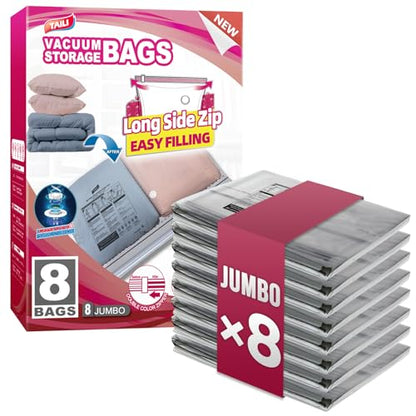 TAILI 8 Pack Vacuum Storage Bags, Jumbo Size 39x28 inch, LONG SIDE ZIP Vacuum Seal Bags for Beddings, Extra Large Storage Space Saver for Clothing, Comforters, Blankets, Pillows - size: 8 Jumbo