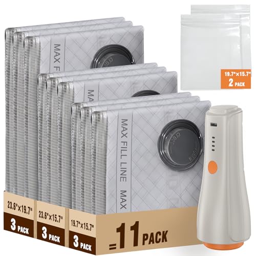 QcoQce Vacuum Storage Bags with Rechargeable Electric Pump, Space Saver Bags for Travel, Vacuum Seal Bags for Clothing, Bedding, Seasonal Storage, Compression Packing Bags for Suitcase - color: Orange and white