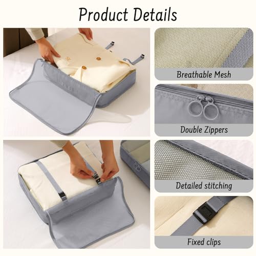 8 Set Packing Cubes for Travel Luggage Organizer Bags for Family, Mesh Packing Cubes for Suitcases, Travel Essentials Bags Set for Women & Men - color: Upgrade-Grey