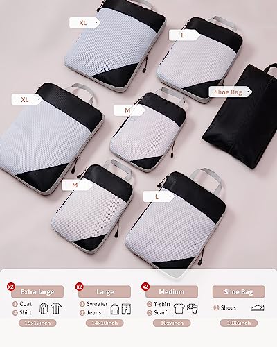Meowoo 7 Set Compression Packing Cubes for Travel, Durable Ripstop Mesh Suitcase Organizer with Shoe Bag, Ultralight & Expandable Space Saver Travel Cubes - color: Black