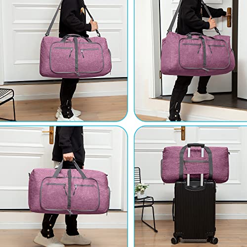 Vomgomfom 65L/85L/115L Foldable Travel Duffle Bag, Lightweight Checked Luggage with Shoe Compartment, Water-Resistant Weekender Overnight Bag for Men & Women - color: I Purple, size: 65L
