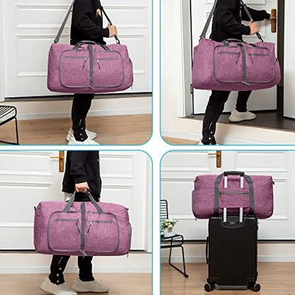 Vomgomfom 65L/85L/115L Foldable Travel Duffle Bag, Lightweight Checked Luggage with Shoe Compartment, Water-Resistant Weekender Overnight Bag for Men & Women - color: I Purple, size: 65L