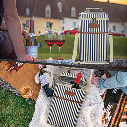 opux 2 Bottle Wine Carrier Tote, Insulated Leakproof Wine Cooler Bag, Wine Travel Bag for Picnic BYOB Beach, Portable Wine Bottle Carrying Case, Gift for Wine Lover Women Men Christmas,Stripe - color: Navy Stripes