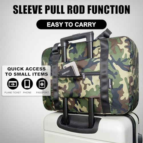 Small Duffle Bag for Men Women, Mini Gym Bag Foldable Travel Tote Carry On Luggage with Trolley Sleeve, Green Camo - color: Green camo, size: 23L