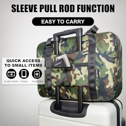 Small Duffle Bag for Men Women, Mini Gym Bag Foldable Travel Tote Carry On Luggage with Trolley Sleeve, Green Camo - color: Green camo, size: 23L