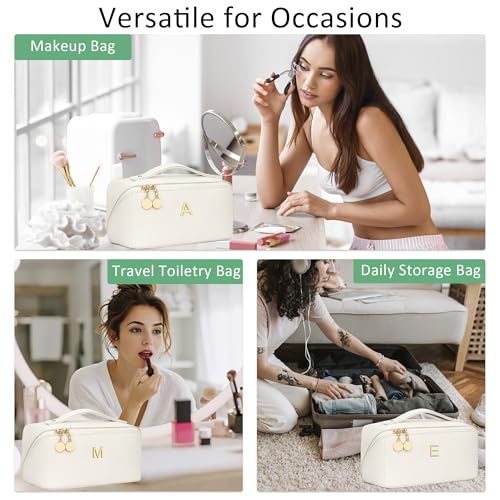 Initial Makeup Bag Gifts for Women Bridesmaid Gifts Travel Toiletry Personalized PU Leather Waterproof Cosmetic Bag (Medium-Beige-A) - color: MediumBeige, style: A