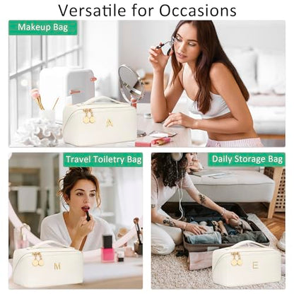 Initial Makeup Bag Gifts for Women Bridesmaid Gifts Travel Toiletry Personalized PU Leather Waterproof Cosmetic Bag (Medium-Beige-A) - color: MediumBeige, style: A