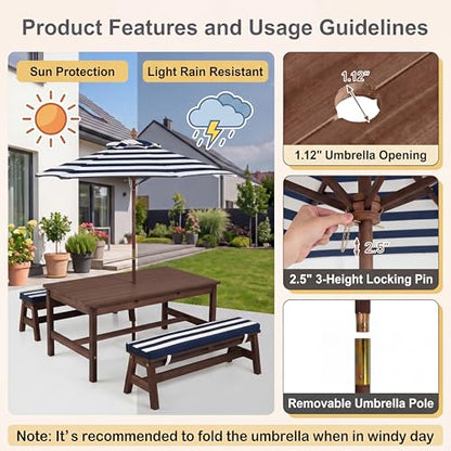 HONEY JOY Kids Picnic Table, Large 42” x 23” Tabletop, Fir Wood Toddler Outdoor Table & Bench Set w/Removable Cushions & Umbrella, Children Backyard Furniture for Patio Garden, Seats for 4 (Blue) - color: Blue