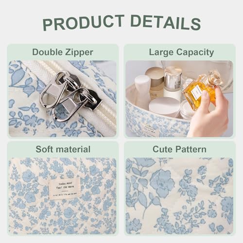 GISMTR 3Pcs Cotton Quilted Makeup Bag Large Travel Cosmetic Bag Coquette Makeup Pouch Cute Aesthetic Floral Toiletry Bag for Women Girls - color: flower-B