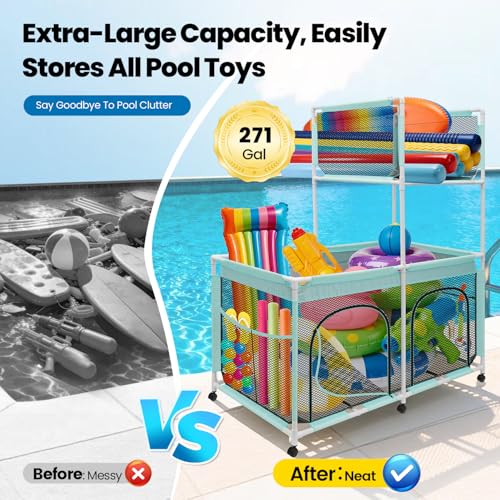 Pool Float Storage Bin 271 Gallon - 2-in-1 XX-Large Outdoor Pool Toy Storage Holder for Raft Noodles Inflatables Towels Balls, 9 Wheels Mesh Rolling Organizer Car Bin for Swimming Equipments