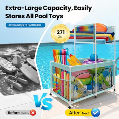 Pool Float Storage Bin 271 Gallon - 2-in-1 XX-Large Outdoor Pool Toy Storage Holder for Raft Noodles Inflatables Towels Balls, 9 Wheels Mesh Rolling Organizer Car Bin for Swimming Equipments
