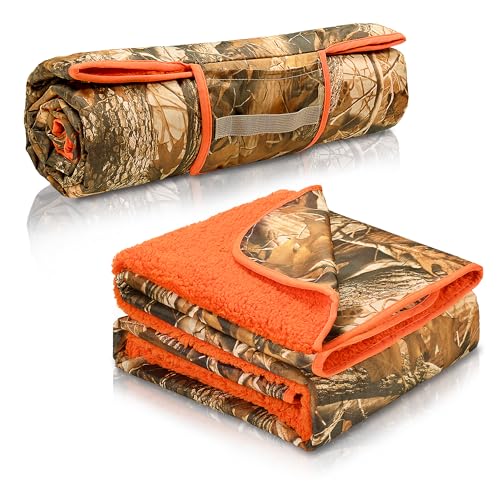 Tirrinia Waterproof Outdoor Blanket with Sherpa Lining, Windproof Triple Layers Warm Comfy Foldable for Camping Stadium, Beach, Picnic, Grass, Concerts, Car, Dog, 51''X 59'' & 59''X 80'' - color: Camo/Orange, size: 51” x 59”