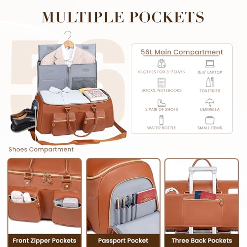 Suit Bag,Vessgra 56L Garment Bags for Travel,2 in 1 Leather Duffle Bags for Men Women, PU Leather Convertible Travel Bag with Shoe Compartment,Work Weekender Bussiness Wedding,Reddish Brown - color: Reddish Brown