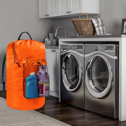 Laundry Bag with Shoulder Straps and Mesh Pocket Laundry Backpack Large Portable Laundry Hamper for College Laundromat Apartment - color: Orange