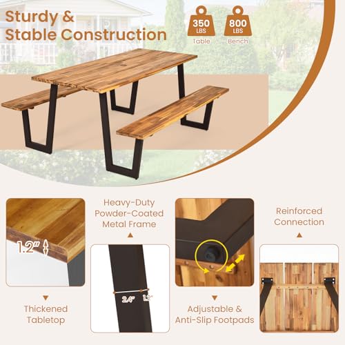 Giantex 71" Picnic Table Bench Set for 6-8, Acacia Wood Outdoor Dining Table Set, 2" Umbrella Hole, Heavy Duty Metal Frame, Footrest Bar, Large Rectangular Tabletop for Porch Patio Lawn Garden - size: 71"x30"x30"