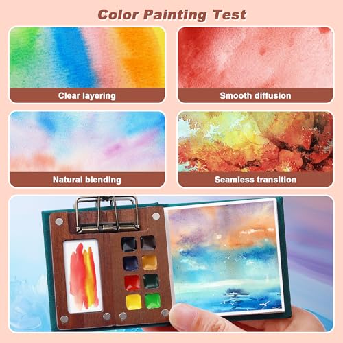 Mini Watercolor Paint Set, Portable Travel Art Kit with Wooden Palette, 8 Color Pigments, Watercolor Pad, Water Brush Pens and Accessories for Artists - color: 8 Colors