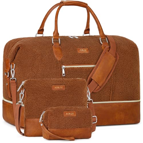 ITIEZY Weekender Overnight Bag for Women - Large Travel Duffel Bag with Shoe Compartment, Gym Duffel Bag Hospital Bag Carry On Tote Bags for Airplanes with Crossbody Bag Toiletry Bag 3Pcs Set - color: 8a-Brown