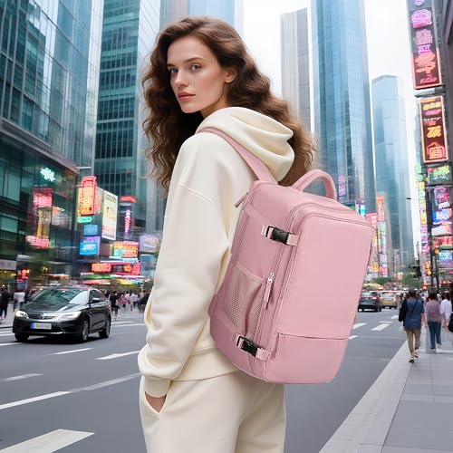 Hanples Carry on Travel Backpack for Women, Large 35L Personal Item Luggage Backpack,17 inch Laptop Backpack TSA Flight Approved, Travel Essentials Casual Daypack with 2 Toiletry Bags (Pink) - color: Pink, size: Large