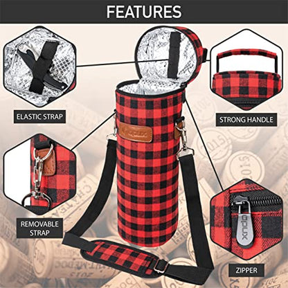 opux Wine Bag Single Bottle Carrier Tote, Insulated Wine Cooler Bag for Travel Picnic Beach with Shoulder Strap, Thermal One Bottle Holder Carrying Case Wine Gift for Women Men, Plaid Buffalo Red - color: Buffalo Plaid Red