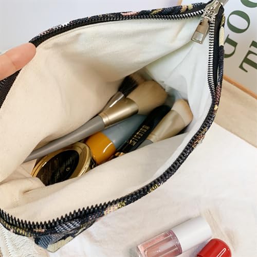 HAPPYHEIDI Cute Floral Makeup Bag Cosmetic Travel Pouch with Bottom and Zipper, Purse Make Up Organizer, Aesthetic Textured Fabric, Large - color: Classic Black Floral Large