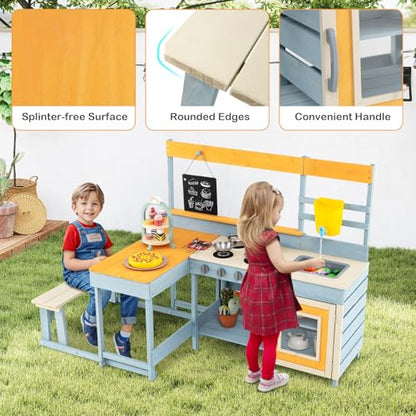 HONEY JOY Mud Kitchen & Kids Picnic Table, 2 in 1 Fir Wood Play Kitchen w/Built-in Bench, Blackboard, Water Box, Sink, Dessert & Cookware, Outdoor Kitchen Playset for Backyard