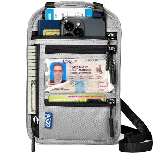 Neck Wallet for Travel, RFID Blocking Passport Holder - Slim Travel Pouch with Adjustable Strap | Holds Phone, Cards, Cash, Documents | Water-Resistant & Secure for Men & Women - color: Grey