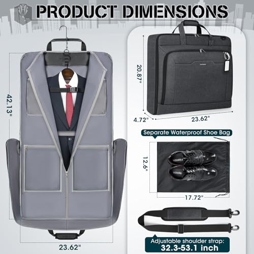 RAINSMORE Garment Bags for Travel Carry On Garment Bag for Hanging Clothes, Suit Bag for Business Trips with Shoes bag & Shoulder Strap, Waterproof Foldable Suit Luggage Bag for Men Women, Gray - color: Grey