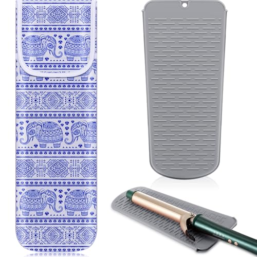 Shappy 2 Pcs Heat Resistant Hair Tools Bag Curling Iron Travel Case Cover Neoprene Flat Iron Holder Travel Case and Silicone Mat Pouch for Hot Hair Tools Storage Organizer(Elephant Style) - style: Elephant Style