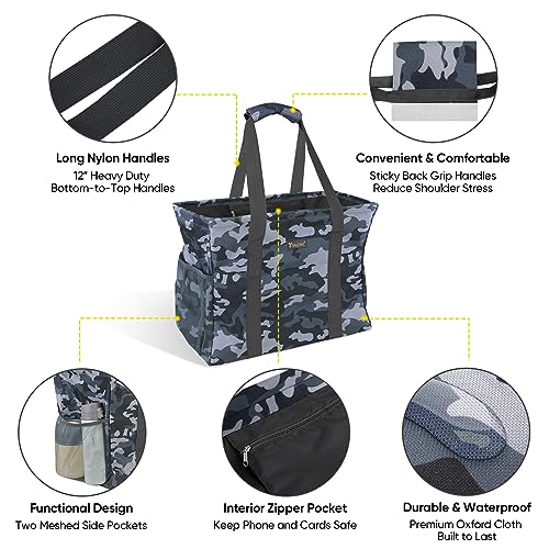 BALEINE Extra Large Utility Tote Bag with Reinforced Wire Frame, Reusable Grocery Bag for Shopping, Picnic (Grey Camouflage, 16.5''x14''x10'') - color: Gray Camouflage, size: 16.5''x14''x10''