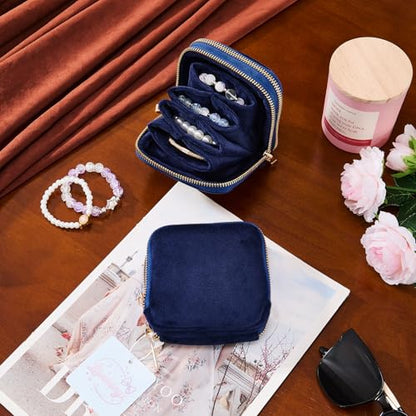 Travel Jewelry Case for Women, Double Layer Velvet Jewelry Pouch with Double Zipper, Small Travel Jewelry Organizer for Rings Earrings Bracelets, Mini Jewelry Travel Bag (Blue)