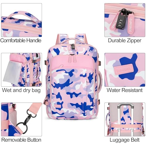 Lumesner Carry on Travel Backpacks, Extra Large 40L Flight Approved for Men & Women,Expandable Suitcase backpack (Camouflage Pink(Backpack With 4 Packing Cubes)) - color: Camouflage Pink