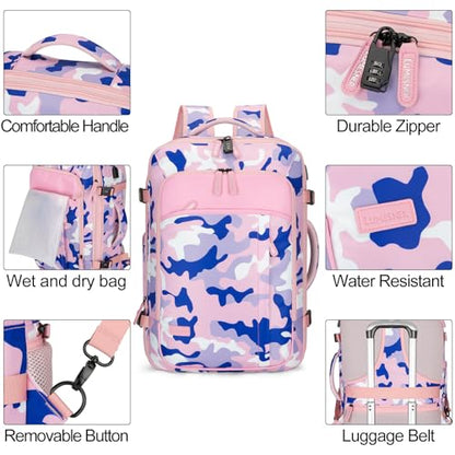 Lumesner Carry on Travel Backpacks, Extra Large 40L Flight Approved for Men & Women,Expandable Suitcase backpack (Camouflage Pink(Backpack With 4 Packing Cubes)) - color: Camouflage Pink
