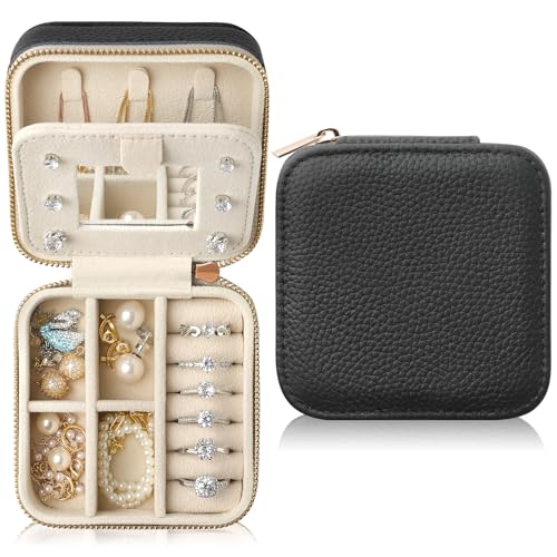 Genuine Leather Travel Jewelry Case Organizer with Mirror for Women, Small Jewelry Box Portable Mini Jewelry Case for Earring, Ring, Necklace, Bracelet（Lychee Grain Black） - color: Lychee Grain Leather Black