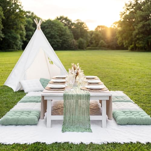 Extra Large Outdoor Picnic Blanket with Table Runner and Floor Pillow Cushion for Picnic Wedding Birthday Baby Shower Backyard(91 x 71'',Sage Green,White,6-Person) - color: Sage Green,white