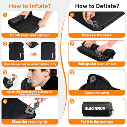 Inflatable Seat Cushion, Self Inflating Memory Foam Portable Stadium Seat Cushions for Bleachers Lightweight Camping Comfort Airplane Cushion for Long Flights Outdoor Events