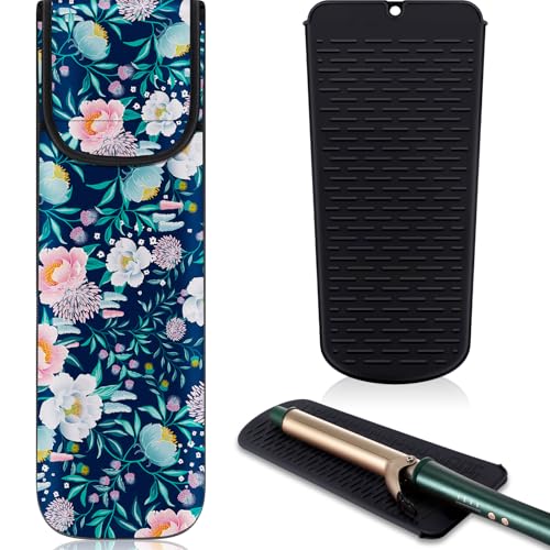 Shappy 2 Pcs Heat Resistant Hair Tools Bag Curling Iron Travel Case Cover Neoprene Flat Iron Holder Travel Case and Silicone Mat Pouch for Hot Hair Tools Storage Organizer(Flower Style) - style: Flower Style