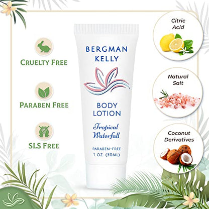 Bergman Kelly - Hotel Toiletries Bundle - Tropical Waterfall, 1 oz each, 100 Pcs - 4-Piece Set: 25 Rectangular Bar Soap, 25 Shampoo, 25 Conditioner & 25 Body Lotion - Bulk Mini Guest Amenities Supply - size: 1 Ounce (Pack of 25)