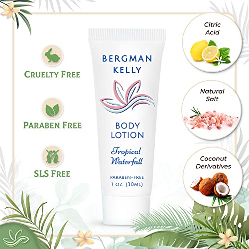 BERGMAN KELLY Hotel Toiletries Bundle (Tropical Waterfall, 1 oz each, 100 Pieces) 4-Piece Set: 25 Round Bar Soap, 25 Shampoo, 25 Conditioner & 25 Body Lotion - Bulk Mini Guest Amenities Supply - size: 1 Fl Oz (Pack of 25)