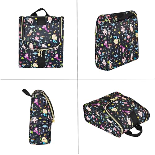 Remobia Hicol Cute Cartoon Hanging Kids Toiletry Bag Children Travel Cosmetic Makeup Organizer Wash Bag Shower bag Over Night Bag Camping Shaving Kit Bag for Boys & Girls (Mermaid Black) - color: Mermaid Black