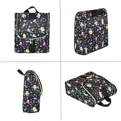 Remobia Hicol Cute Cartoon Hanging Kids Toiletry Bag Children Travel Cosmetic Makeup Organizer Wash Bag Shower bag Over Night Bag Camping Shaving Kit Bag for Boys & Girls (Mermaid Black) - color: Mermaid Black