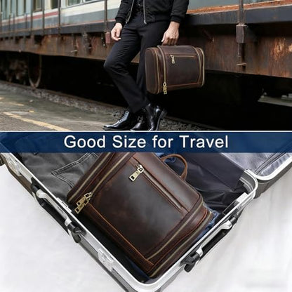 Toiletry Bag for Men Women, Travel Hanging Dopp Kit Organizer, Full Grain Leather Large Shaving Cosmetic Essentials, Gifts for Husband/Dad/Business Traveler, Fits Most Standard Bathroom Toiletries - color: DarkBrown