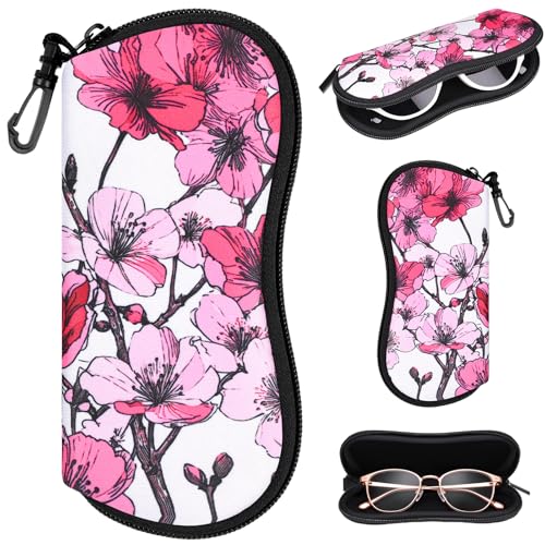 Sunglasses Case with Belt Clip, Ultra Light Neoprene Zipper Soft Padded Glasses Case for Women Men - color: Peony