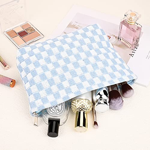 SOIDRAM 2 Pieces Makeup Bag Large Checkered Cosmetic Bag Capacity Canvas Mix Travel Toiletry Bag Organizer Cute Makeup Brushes Aesthetic Accessories Storage Bag for Women, Checkered Mix Blue - color: Blue