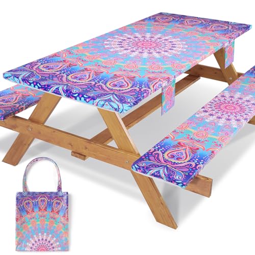 72x30 Picnic Table Cover with Bench Covers Reusable Polyester Camping Tablecloths for Outdoors Camp Trailer Stuff Traveling Road Trip Necessities Retirement Boho Summer Fall Party Decorations - color: Red Bohemia, size: 72*30Inch