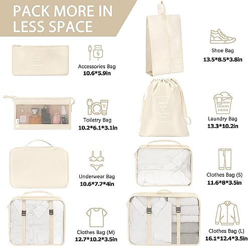 KPX 8 Set Packing Cubes for Travel, Luggage Packing Organizers Accessories Large Toiletries Bag for Clothes Shoes Cosmetics (Beige) - color: 8Set-Beige
