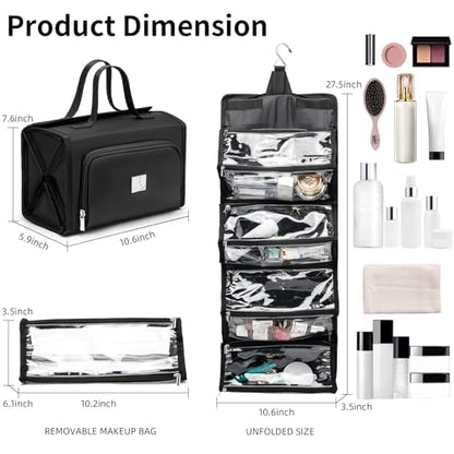 ROYALFAIR Roll Up Makeup Bag, Waterproof Toiletry Bag for Women, Hanging Travel Organizer bags with Jewelry Organizer Compartment, Extra Large 4 Clear TSA Approved Pouches Cosmetic Makeup (black) - color: black
