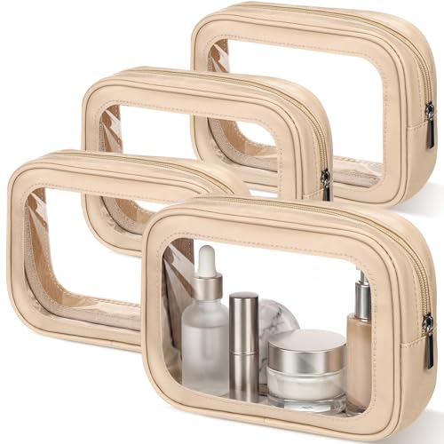 Abbylike 4 Pcs Nude Clear Makeup Bag PU Leather Tsa Approved Toiletry Bag with Zipper Transparent Waterproof Portable Cosmetic Bags Travel Car Clear Organizer Bags for Women Girls Mother's Day - color: Nude