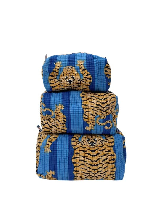 YILLE Set of 3 Pieces Block Printed Travel Organizer Kit Storage Bag for Women Makeup Bag Travel Cosmetic Bag (Blue Fat Tiger) - color: Blue Fat Tiger