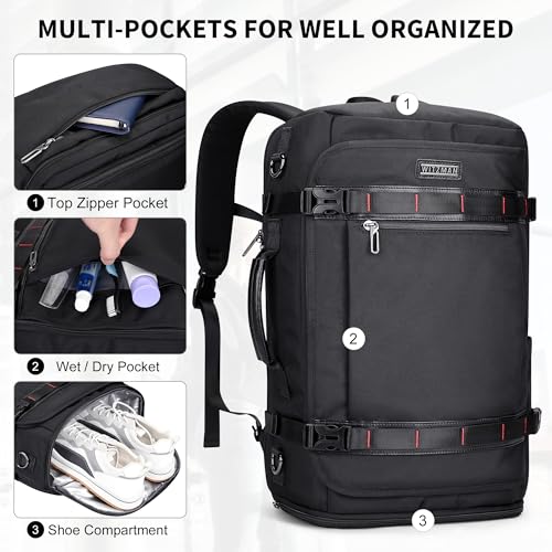 WITZMAN Travel Backpack for Men 35L Carry-on Laptop Backpack Luggage Fit 16 inch TSA Friendly Flight Approved with Shoe Compartment for Airplanes（B718 Black） - color: Black