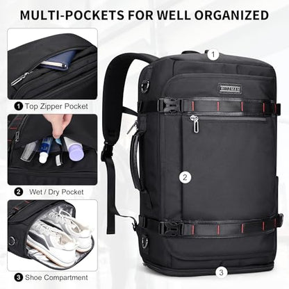 WITZMAN Travel Backpack for Men 35L Carry-on Laptop Backpack Luggage Fit 16 inch TSA Friendly Flight Approved with Shoe Compartment for Airplanes（B718 Black） - color: Black